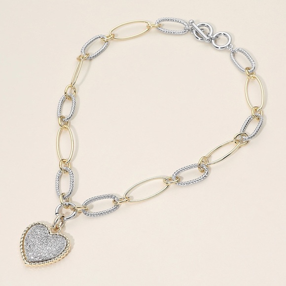 Jewelry - 14K Gold Plated Two Tone CZ Stone Pave Heart Pendant Necklace